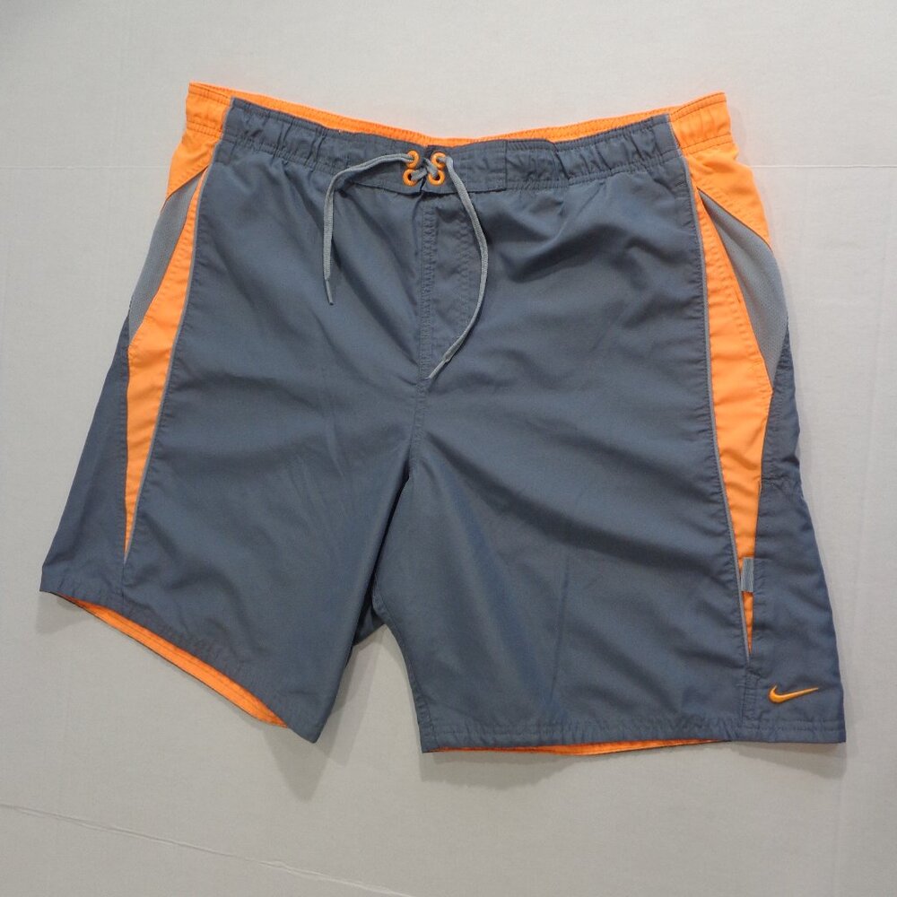 Nike Men's Gray Orange Mesh Lining Drawstring Waistband Swim Trunks Shorts‎ Sz L